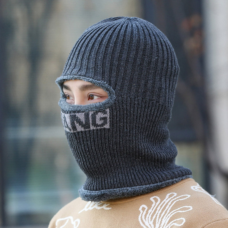 Wholesale Men' s winter warm wool f one-piece hat with velvet and thick fur,  cycling face protection and cold-proof cotton knitted hat